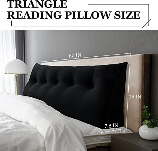 Wedge Headboard Pillow Dorm Room Reading Pillow Back Support for Sitting Up in Bed Bolster Lumbar Cushion Body Positioning Bedrest Gifts for Mom Velvet 59in Black Queen