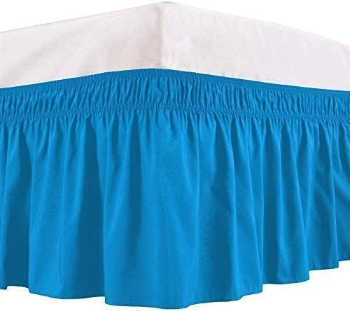 Turquoise Wrap Around Bed Skirts with 16" Drop - Three Sides Fabric Adjustable Elastic Dust Ruffle Silky Soft -600 TC Stretchy Bed Skirt-Queen(60"X 80") Turquoise