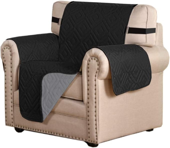 H.VERSAILTEX Reversible Chair Cover Furniture Protector Anti-Slip Couch Cover Water Resistant 2" Elastic Straps Chair Slipcover Pets Kids Fit Sitting Width Up to 21" (Chair:75" x 65", Black/Grey)