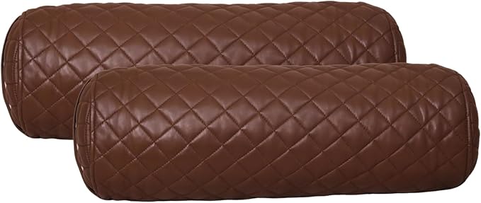 Neck Roll Pillow Cushion Cover, 20x7 Inch Full Moon Round Bolster Pillow Case, Cylinder Soft Lambskin Leather Pillowcase for Head, Spine & Neck Support During Sleep - Quilted Chocolate Brown Pack of 2