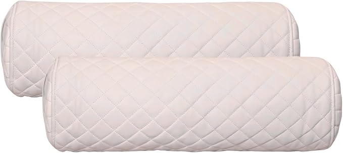 Neck Roll Pillow Cushion Cover, 18x5 Inch Full Moon Round Bolster Pillow Case, Cylinder Soft Lambskin Leather Pillowcase for Head, Spine & Neck Support During Sleep - Quilted White Pack of 2
