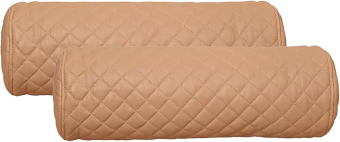 Neck Roll Pillow Cushion Cover, 16x6 Inch Full Moon Round Bolster Pillow Case, Cylinder Soft Lambskin Leather Pillowcase for Head, Spine & Neck Support During Sleep - Quilted Beige Pack of 2