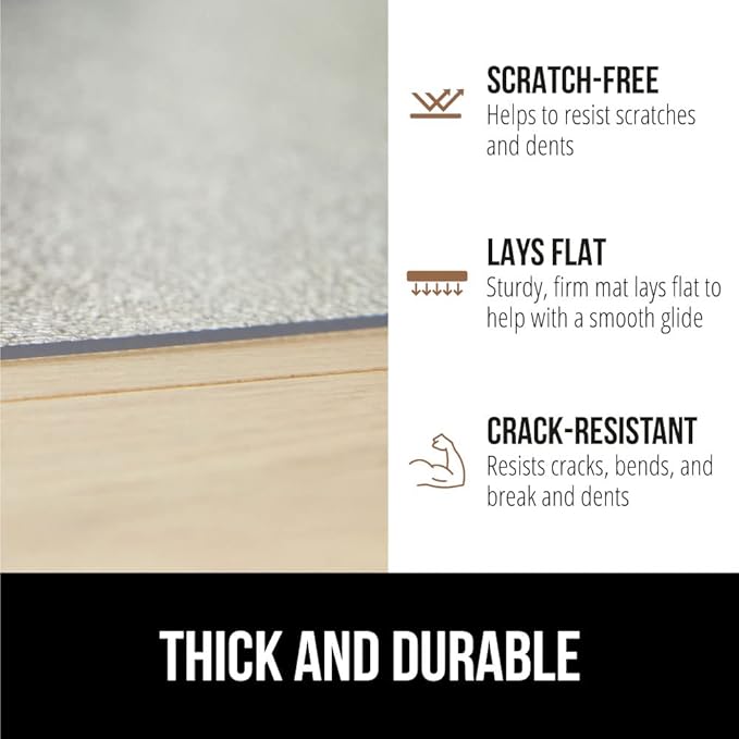 GORILLA GRIP Office Chair Mat for Hardwood Floors, 29x47 Smooth Glide Slip Resistant Under Desk Hard Wood Floor Protector, Stay in Place Plastic Computer Mats for Rolling Office Chairs, Clear Lip