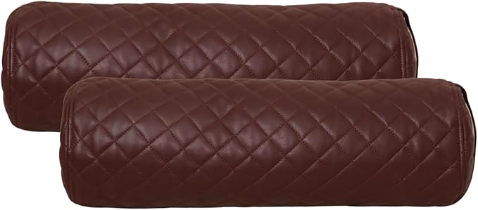 Neck Roll Pillow Cushion Cover, 16x6 Inch Full Moon Round Bolster Pillow Case, Cylinder Soft Lambskin Leather Pillowcase for Head, Spine & Neck Support During Sleep - Quilted Dark Brown Pack of 2