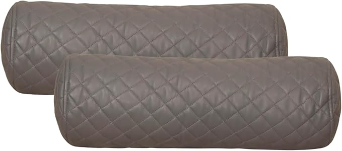 Neck Roll Pillow Cushion Cover, 22x6 Inch Full Moon Round Bolster Pillow Case, Cylinder Soft Lambskin Leather Pillowcase for Head, Spine & Neck Support During Sleep - Quilted Grey Pack of 2