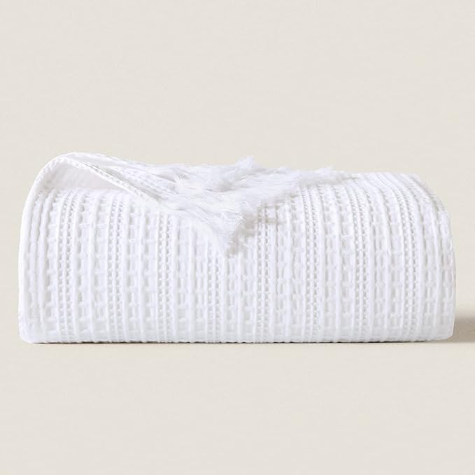 100% Cotton Waffle Blanket with Fringe, Pre-Washed Waffle Weave Blanket for All Season, Lightweight Breathable Soft Cozy Throw Blanket for Couch, Bed, Travel (White - 66x90 Inches)