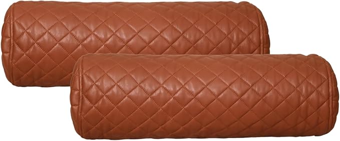 Neck Roll Pillow Cushion Cover, 22x7 Inch Full Moon Round Bolster Pillow Case, Cylinder Soft Lambskin Leather Pillowcase for Head, Spine & Neck Support During Sleep - Quilted Brown Pack of 2