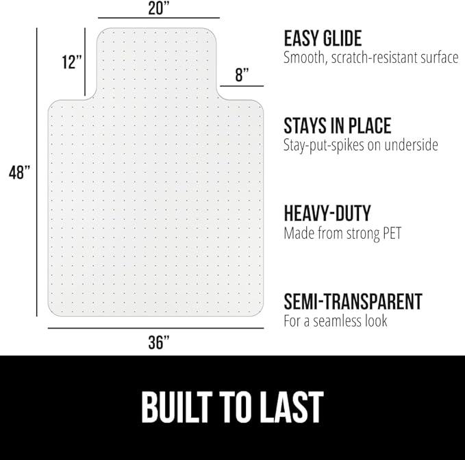 GORILLA GRIP Slip Resistant Office Chair Mat for Carpet Floors, 36x48 Lip Smooth Glide Under Desk Carpeted Floor Protector, Heavy Duty Plastic Computer Mats for Rolling Work and Gaming Chairs, Clear
