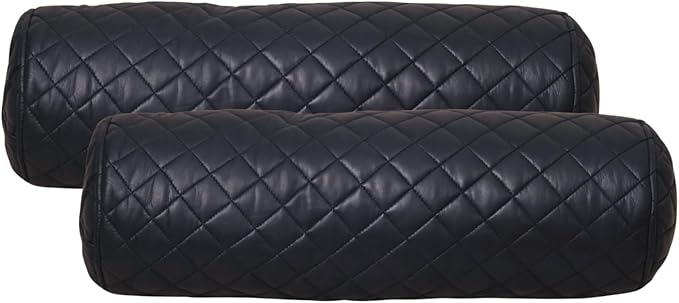 Neck Roll Pillow Cushion Cover, 14x5 Inch Full Moon Round Bolster Pillow Case, Cylinder Soft Lambskin Leather Pillowcase for Head, Spine & Neck Support During Sleep - Quilted Gun Metal Blue Pack of 2