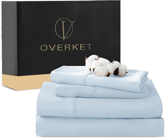 100% Egyptian Cotton Sheets King Size 4PCS 1000 Thread Count Sateen Weave Soft Breathable 16-Inch Deep Pocket （King,Light Blue）