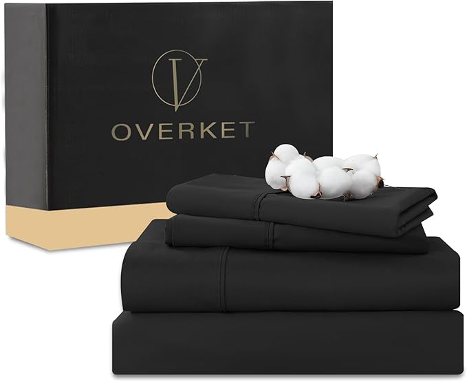 100% Egyptian Cotton Sheets King Size 4PCS 1000 Thread Count Sateen Weave Soft Breathable 16-Inch Deep Pocket （King,Black）