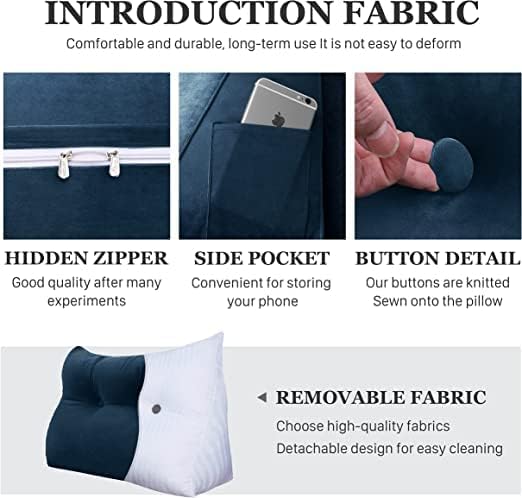 Wedge Headboard Pillow Dorm Room Reading Pillow Back Support for Sitting Up in Bed Bolster Lumbar Cushion Body Positioning Bedrest Velvet 39in Navy Blue Twin
