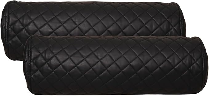 Neck Roll Pillow Cushion Cover, 20x7 Inch Full Moon Round Bolster Pillow Case, Cylinder Soft Lambskin Leather Pillowcase for Head, Spine & Neck Support During Sleep - Quilted Black Pack of 2