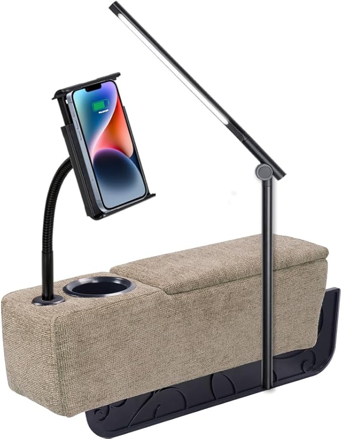 Multifunctional Sofa Armrest, Couch Armrest with Wireless Charge Stand, Removable Couch Caddy with Storage,Including LED Reading Light,Latte