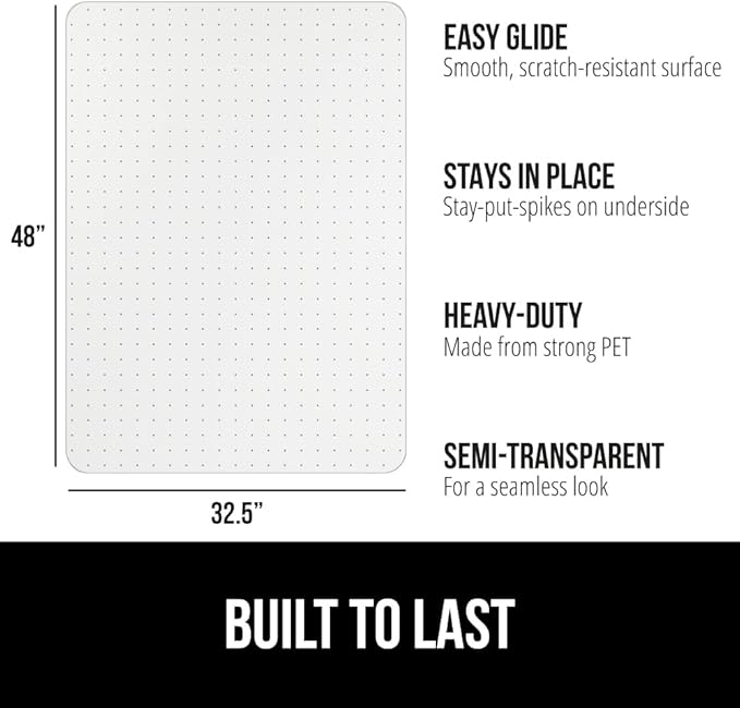 GORILLA GRIP Slip Resistant Office Chair Mat for Carpet Floors, Smooth Glide Under Desk Carpeted Floor Protector, Heavy Duty Plastic Computer Mats for Rolling Work and Gaming Chairs 32.5x48, Clear