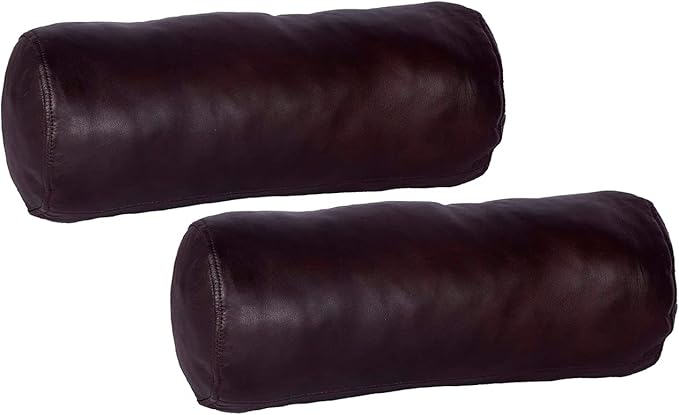 Neck Roll Pillow Cushion Cover, 16x6 Inch Full Moon Round Bolster Pillow Case, Cylinder Soft Lambskin Leather Pillowcase for Head, Spine & Neck Support During Sleep - Dark Brown Pack of 2