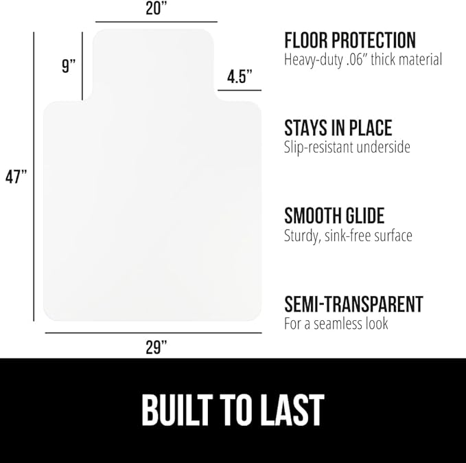 GORILLA GRIP Office Chair Mat for Hardwood Floors, 29x47 Smooth Glide Slip Resistant Under Desk Hard Wood Floor Protector, Stay in Place Plastic Computer Mats for Rolling Office Chairs, Clear Lip