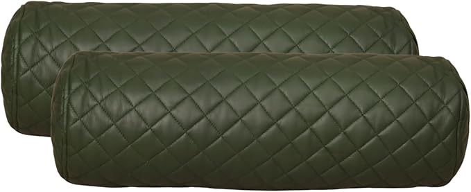 Neck Roll Pillow Cushion Cover, 14x7 Inch Full Moon Round Bolster Pillow Case, Cylinder Soft Lambskin Leather Pillowcase for Head, Spine & Neck Support During Sleep - Quilted Dark Green Pack of 2