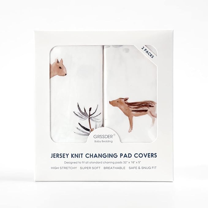 GRSSDER Stretch Ultra Soft Jersey Knit Changing Pad Cover Set 2 Pack, Change Table Pad Covers Fit 32"/34" x 16" Pads Safe and Snug, Pretty Pattern for Boys and Girls, Cute Jungle Squirrels and Animals