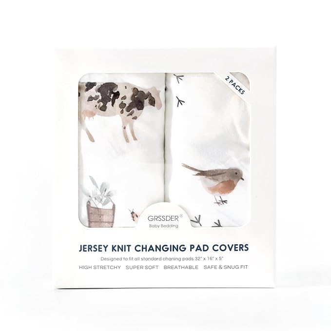 GRSSDER Stretch Ultra Soft Jersey Knit Changing Pad Cover Set 2 Pack, Change Table Pad Covers Fit 32"/34" x 16" Pads Safe and Snug, Cute Watercolor Cows and Birds Print for Boys and Girls