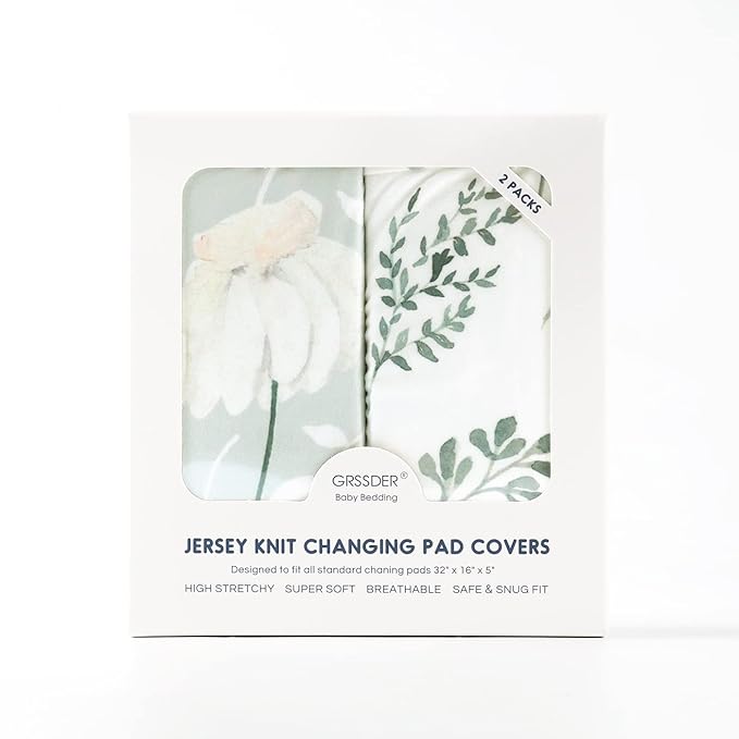 GRSSDER Stretch Ultra Soft Jersey Knit Changing Pad Cover Set 2 Pack, Change Table Pad Covers Fit 32"/34" x 16" Pads Safe and Snug, Pretty Watercolor Daisy Flowers for Baby Girls
