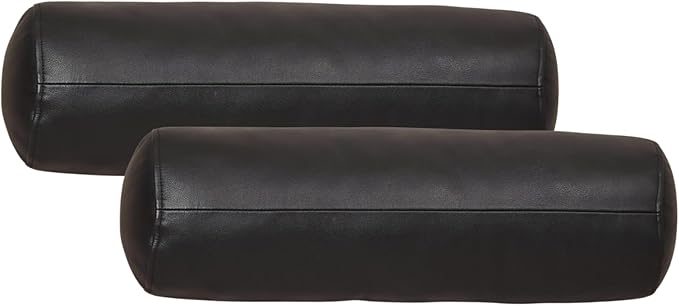 Neck Roll Pillow Cushion Cover, 22x7 Inch Full Moon Round Bolster Pillow Case, Cylinder Soft Lambskin Leather Pillowcase for Head, Spine & Neck Support During Sleep - Black Pack of 2