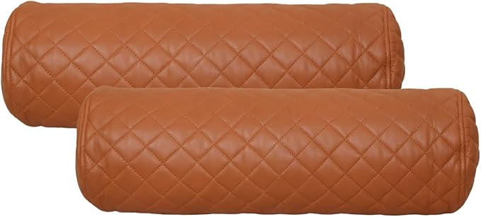 Neck Roll Pillow Cushion Cover, 14x5 Inch Full Moon Round Bolster Pillow Case, Cylinder Soft Lambskin Leather Pillowcase for Head, Spine & Neck Support During Sleep - Quilted Tan Pack of 2