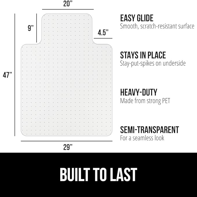 GORILLA GRIP Slip Resistant Office Chair Mat for Carpet Floors, Smooth Glide Under Desk Carpeted Floor Protector, Heavy Duty Plastic Computer Mats for Rolling Work and Gaming Chairs 29x47 Lip, Clear