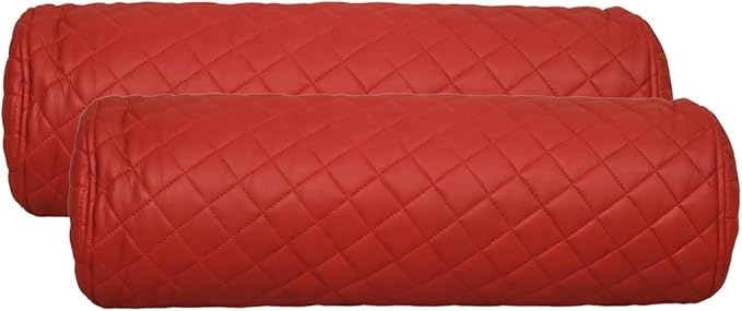 Neck Roll Pillow Cushion Cover, 22x5 Inch Full Moon Round Bolster Pillow Case, Cylinder Soft Lambskin Leather Pillowcase for Head, Spine & Neck Support During Sleep - Quilted Cherry Red Pack of 2
