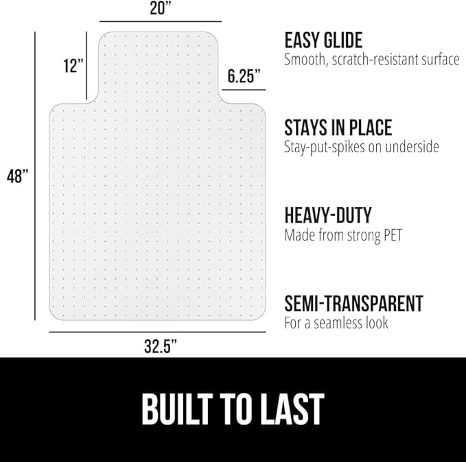 GORILLA GRIP Slip Resistant Office Chair Mat for Carpet Floors, Smooth Glide Under Desk Carpeted Floor Protector, Heavy Duty Plastic Computer Mats, Rolling Work and Gaming Chairs, 32.5x48 Lip, Clear