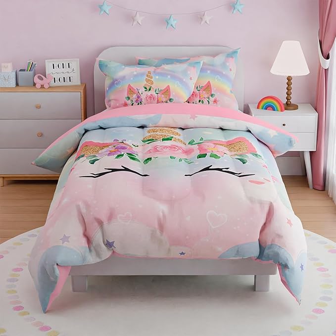 SANDJEST Unicorns Bedding Set for Girls Kids Teen Tween, Ultra Soft Microfiber Comforter Set Full Size with 4-Pieces, Comforters Bed Sets Bedroom Decor