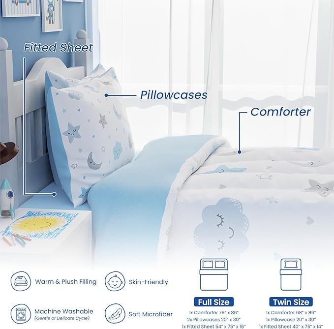 Star and Moon Comforter Set Full Size 98x86in for Kids Boys Girls Unisex, Microfiber Bedding Set 4 Pcs Includes 1 Comforter, 2 Pillowcases, 1 Fitted Sheet, Nursery Room Decor Christmas Birthday