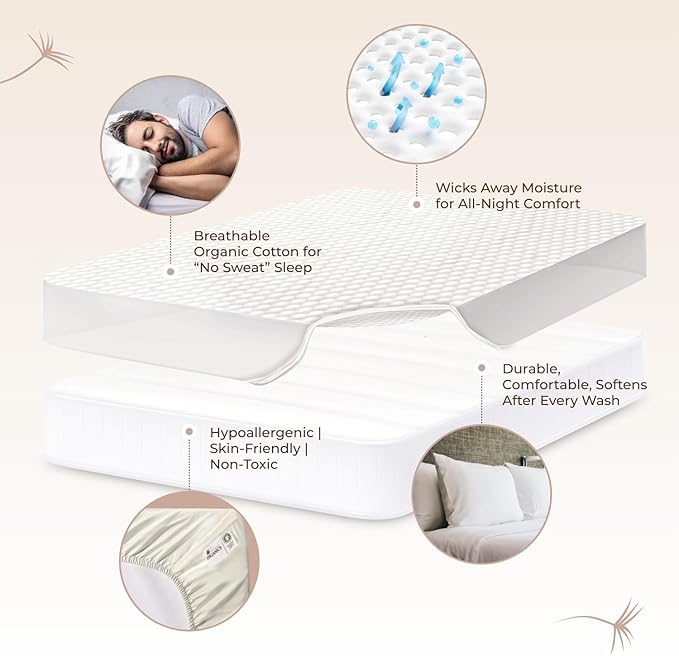 100% Cotton Organic Mattress Pad - Breathable & Cooling Mattress Protector Full Size - Premium 300GSM Quilted and Noiseless Machine Washable Organic Mattress Protector (Ivory, Full)