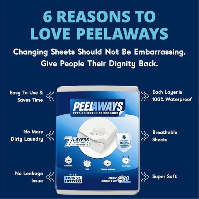 Peelaways Waterproof Disposable Bed Sheets – As Seen On Shark Tank | 7-Layer Absorbent Wellness Sheets for Elderly, Homecare, Hospital Use and Travel