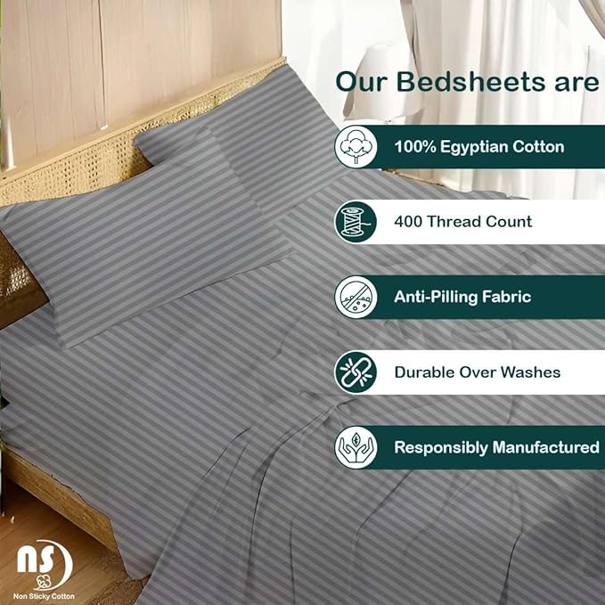 NON Sticky cotton Full Size Sleeper Sofa Sheets, 4 Piece Egyptian Cotton Bed Sheet Set for Sofa Bed, 7" Deep Pocket for Pull Out Couch Mattress, 54" x 75", Light Grey Stripe, Soft & Breathable