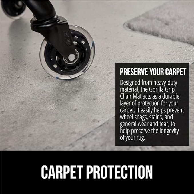 GORILLA GRIP Slip Resistant Office Chair Mat for Carpet Floors, Smooth Glide Under Desk Carpeted Floor Protector, Heavy Duty Plastic Computer Mats for Rolling Work and Gaming Chairs 29x47 Lip, Clear