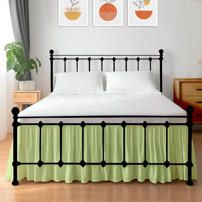 Shreem Linen Ruffled Bed Skirt with Split Corners, Gathered Style, 100% Microfiber, 28-Inch Drop, Dust Ruffle Bedskirt with Platform, Queen, Sage