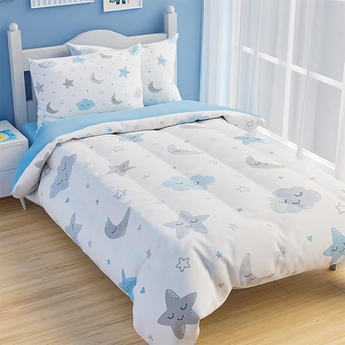 SANDJEST Star and Moon Comforter Set Twin Size 68x86in for Kids Boys Girls Unisex, Microfiber 3 Pcs Bedding Set Includes 1 Comforter, 1 Pillowcase, 1 Fitted Sheet, Nursery Room Decor