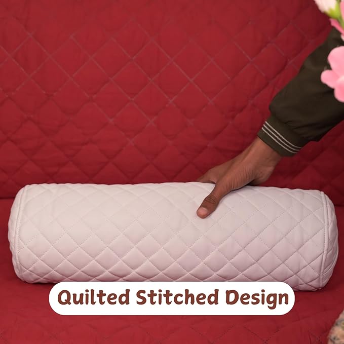 Neck Roll Pillow Cushion Cover, 24x5 Inch Full Moon Round Bolster Pillow Case, Cylinder Soft Lambskin Leather Pillowcase for Head, Spine & Neck Support During Sleep - Quilted White Pack of 2
