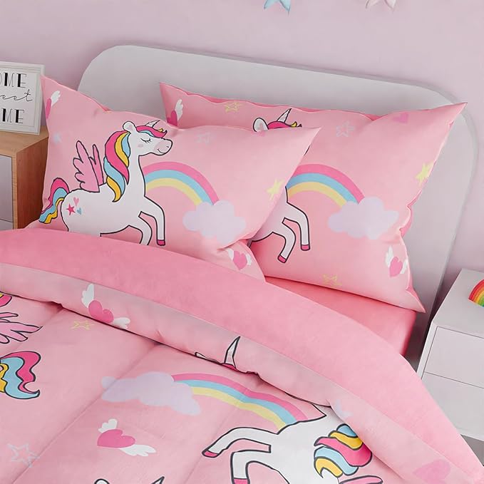 SANDJEST Unicorns Bedding Full Set for Girls Kids Children, Ultra Soft Microfiber Comforter Set with 4-Pieces, Comforters Bed Sets Bedroom Decor