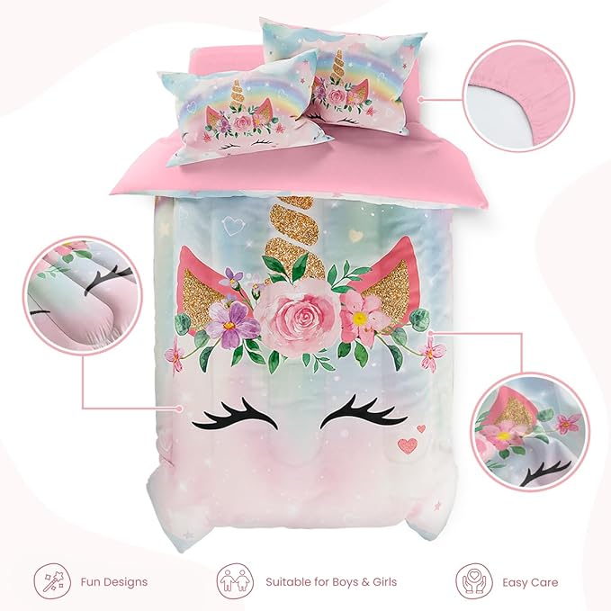 SANDJEST Unicorns Bedding Set for Girls Kids Teen Tween, Ultra Soft Microfiber Comforter Set Full Size with 4-Pieces, Comforters Bed Sets Bedroom Decor