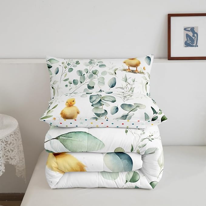 Erosebridal Kids Cute Animal King Comforter Set for Girls Boys Cartoon Duck Bedding Set King, Spring Eucalyptus Bedding Comforter Sets Watercolor Leaves Duvet Set, Kawaii Farm Animal Quilted Comforter