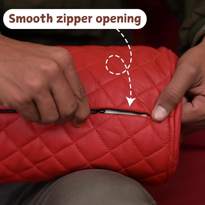 Neck Roll Pillow Cushion Cover, 16x6 Inch Full Moon Round Bolster Pillow Case, Cylinder Soft Lambskin Leather Pillowcase for Head, Spine & Neck Support During Sleep - Quilted Cherry Red Pack of 1