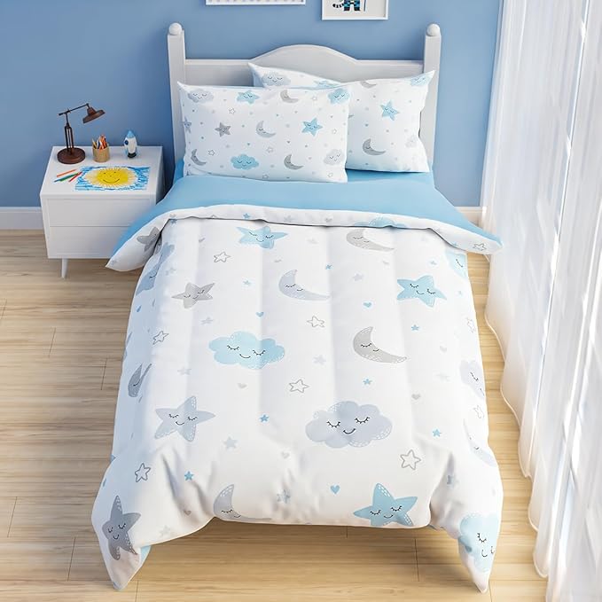 Star and Moon Comforter Set Full Size 98x86in for Kids Boys Girls Unisex, Microfiber Bedding Set 4 Pcs Includes 1 Comforter, 2 Pillowcases, 1 Fitted Sheet, Nursery Room Decor Christmas Birthday