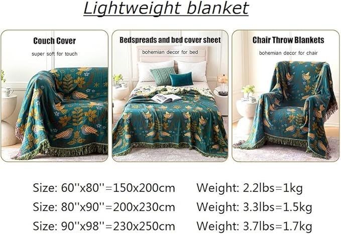 MSGKV 100% Cotton Blanket Boho Throw Blue Warm Couch Sofa Bed Double Sided Knit Super Soft Cover Sheet Reversible Wearable Fall Winter Blanket, 60''Wx 80''L, A-blue Bird (US6018-001A-150x200)