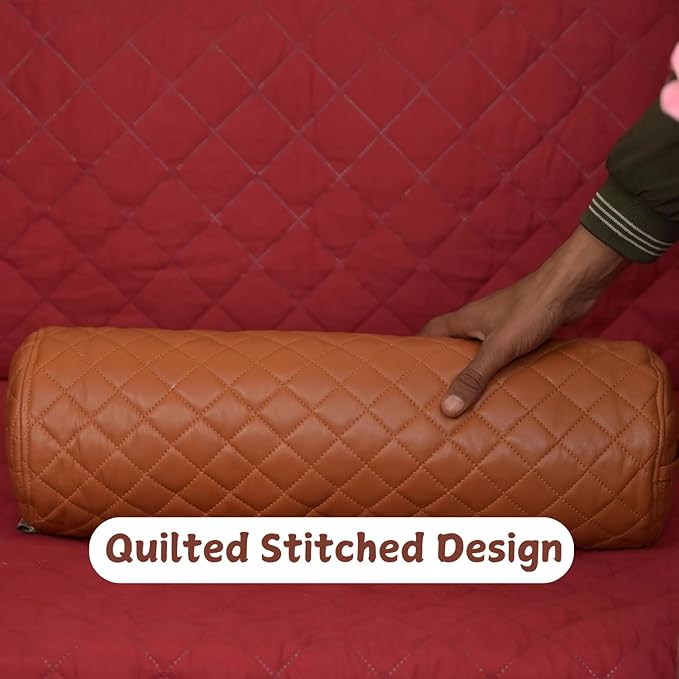 Neck Roll Pillow Cushion Cover, 20x7 Inch Full Moon Round Bolster Pillow Case, Cylinder Soft Lambskin Leather Pillowcase for Head, Spine & Neck Support During Sleep - Quilted Tan Pack of 1