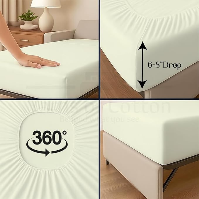 Sleeper Sofa 4 Piece Bed Sheet Set Premium Quality 100% Cotton 500 Thread Count, Smooth & Super Soft Sateen Weave, Extra Soft Bed Sheets, Wrinkle Free, 6 Inch Deep Pocket (Twin, Ivory)