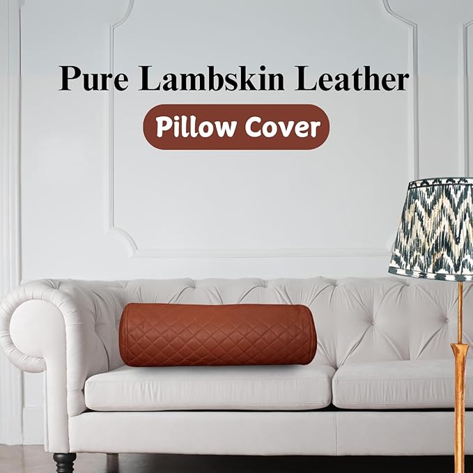 Neck Roll Pillow Cushion Cover, 14x5 Inch Full Moon Round Bolster Pillow Case, Cylinder Soft Lambskin Leather Pillowcase for Head, Spine & Neck Support During Sleep - Quilted Brown Pack of 2