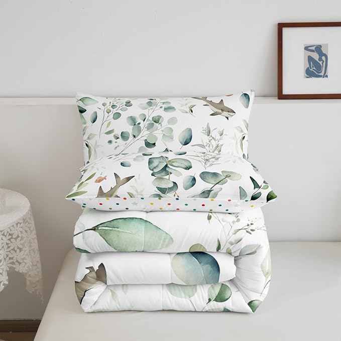 Erosebridal Girls Kawaii Animal Full Comforter Set Cute Shark Bedding Set Full, Cartoon Wildlife Bedding Comforter Sets Green Leaf Duvet Set, Spring Plant Quilted Comforter Child Kids Bedroom Decor