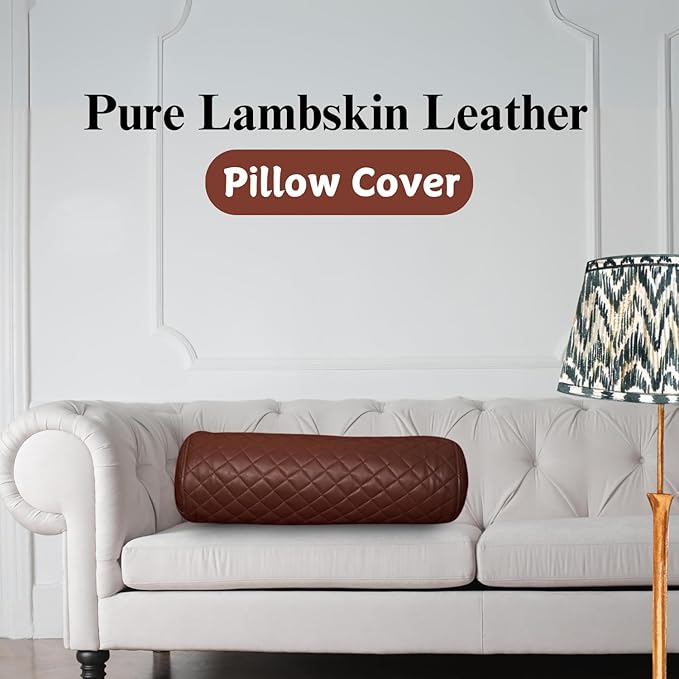 Neck Roll Pillow Cushion Cover, 14x7 Inch Full Moon Round Bolster Pillow Case, Cylinder Soft Lambskin Leather Pillowcase for Head, Spine & Neck Support During Sleep - Quilted Chocolate Brown Pack of 2